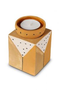 Mini urna de cerâmica para cinzas com porta-vela mostarda marrom