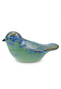 Mini urna cinzas em cerâmica 'Pássaro' azul/verde