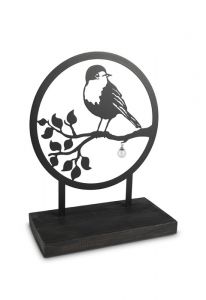 Escultura urna 'Pássaro no galho' com pérola para cinzas